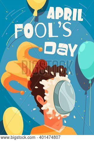 All Fools Day Composition With Editable Text And Cake Smashed On Persons Face With Joker Hat Vector 