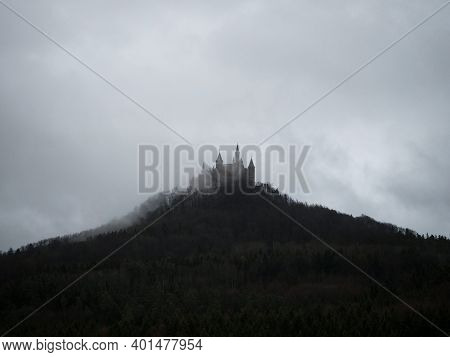 Panoramic View Of Medieval Burg Hohenzollern Castle From Below Near Hechingen Swabian Alb Baden-wuer