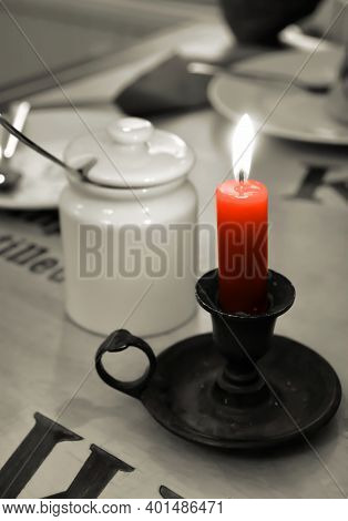 Colorkey, Red Candle On The Table In Cafe