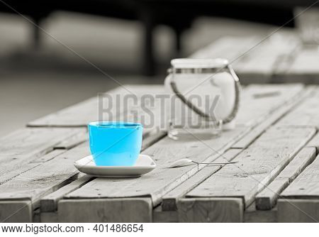Colorkey, Cup On The Table Of A Beach Bar In Magdeburg In Germany