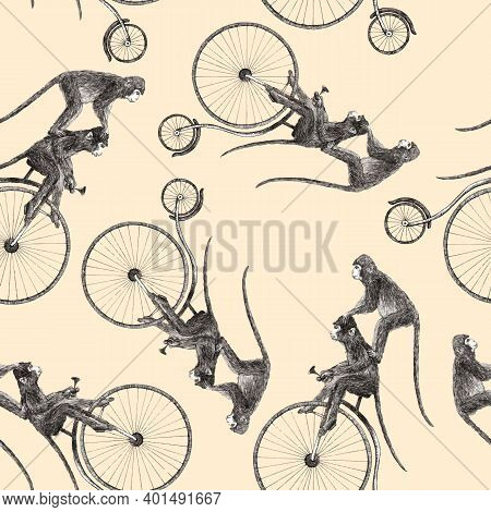 Beautiful Vector Stock Seamless Pattern With Cute Hand Drawn Monkey On Bike Pencil Illustrations.