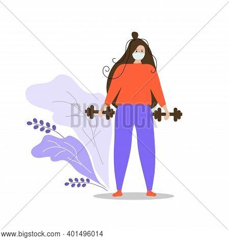 A Girl With Dumbbells In A Medical Mask Goes In For Sports.