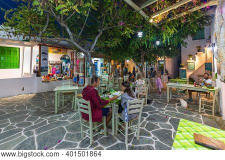 Folegandros Island, Chora, Greece - 23 September 2020: View Of The Main Square Of Chora With Local R