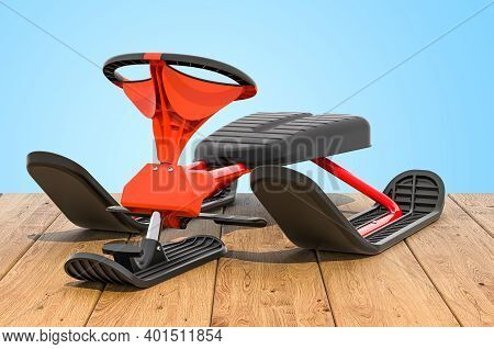 Snowracer Classic Snow Sled With Brakes On The Wooden Planks, 3d Rendering