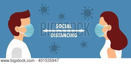 Social Distancing Concept Vector Illustration. Man And Woman Wearing Medical Masks And Keeping Away 