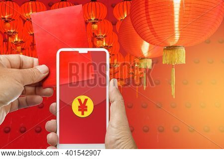 Chinese New Year , Mobile Red Pocket Wallet On Cellphone.