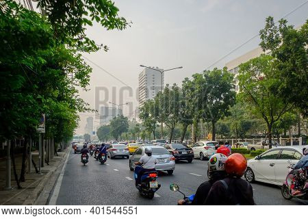 Bangkok, Thailand - January 20, 2020: Smog City From Pm 2.5 Dust. Cityscape With Bad Air Pollution, 