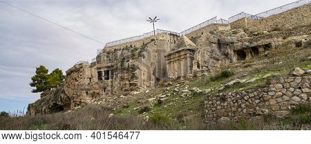 Jerusalem, Israel - December 17th, 2020: Ancient Tombs And Burial Caves Around The Tombs Of The Sons