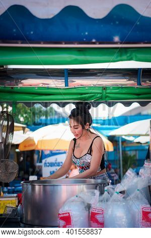 Samut Sakorn, Thailand - February 15, 2020 : Unidentified Asian Sexy Woman Chef Cooking A Noodle Sou