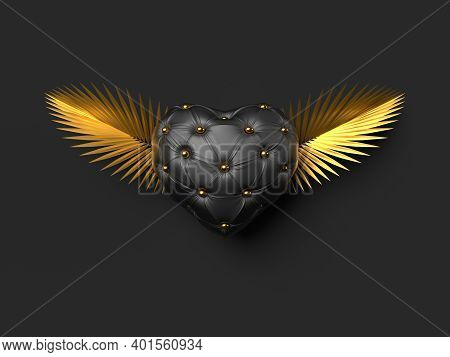 Fabric Material And Buttoned Heart With Golden Palm Leaves. Brutal Love Concept Of Flying Heart With