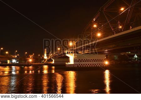 Landscape Of Phra Phuttha Yodfa Memorial Ancient Bridge Cross River In Thailand Cn Night