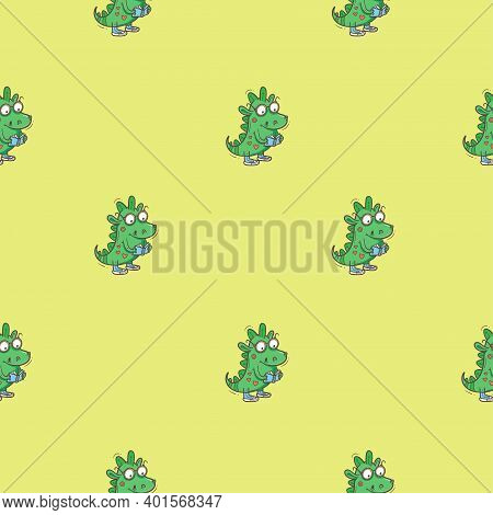 Seamless Pattern With  Cute Cartoon Smart Dragon On Green Background. Funny Crocodile Print. Reading