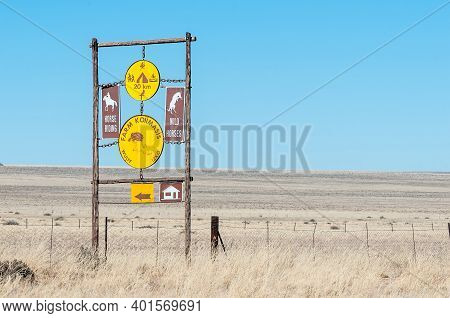 Koiimasis, Namibia - June 24, 2012: Information Board At The Entrance To Farm Koiimasis On Road C27 