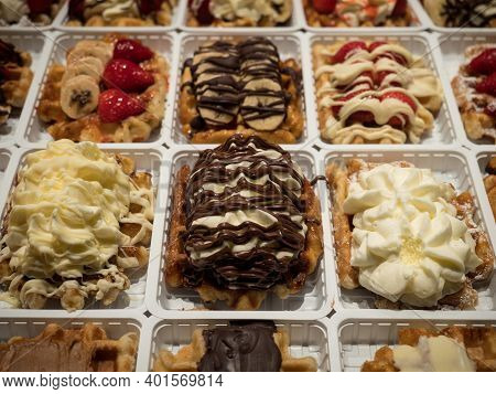 Classic Traditional Cuisine Belgian Waffles With Sweet Toppings Food Dish Dessert Cholocate Berries 