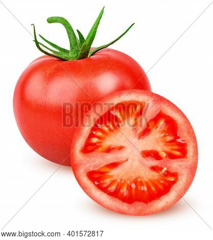 Isolated Tomato. One Whole Tomato And And Slice Of Fresh Tomato Isolated On White Background With Cl