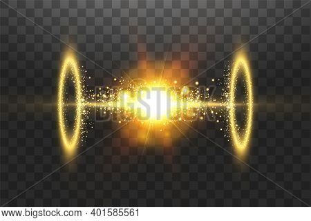 Futuristic Teleport. Magic Fantasy Portal. Light Effect. Golden Candles Rays Of A Night Scene With S