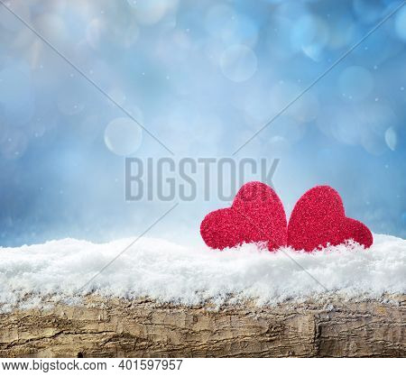 Winter Snow Bright Background. Holiday Landscape With Wood, Snowdrifts And Red Hearts In The Snow. V