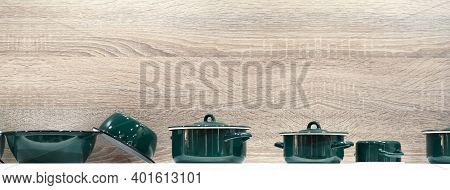 Kitchen Utensils Enamelware, Utensils For Cooking New Clean Enameled Steel Pans Of A Beautiful Green