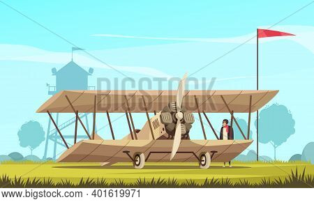 Vintage Transport Airplane Composition With Outdoor Landscape And View Of Field With Classic Turbo P