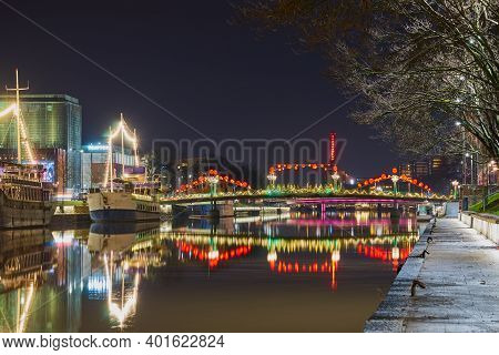 Turku, Finland - January 01, 2021: Night River Aura Aurajoki In Turku, Finland.