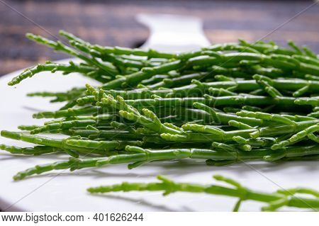 Tasty Vegetarian Sea Food, Fresh Raw Green Salicornia Or Glasswort, Pickleweed Close Up