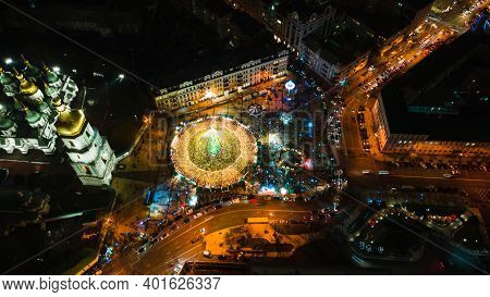 Kyiv, Ukraine - December 28, 2020: Decorated Christmas Tre On Sofiivska Square.