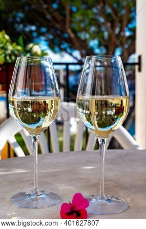 Tasting Of Local White Wine On Sunny Summer Balcony Provence, France