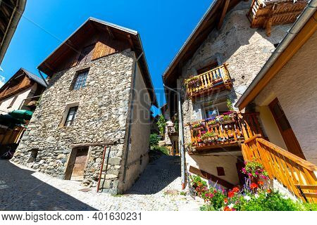 Small Medieval Village Venosc In French Alps In Summer, Ecrins Mountain Range, Isere, France