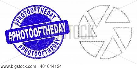 Web Carcass Shutter Icon And Hashtag Photooftheday Seal Stamp. Blue Vector Rounded Scratched Seal St