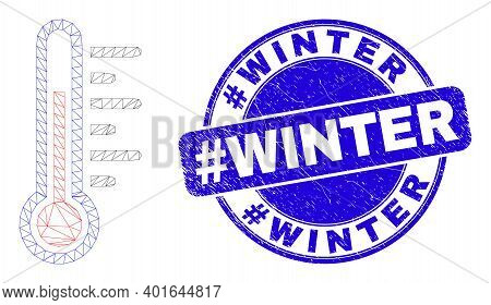 Web Carcass Temperature Pictogram And Hashtag Winter Seal. Blue Vector Round Textured Seal Stamp Wit