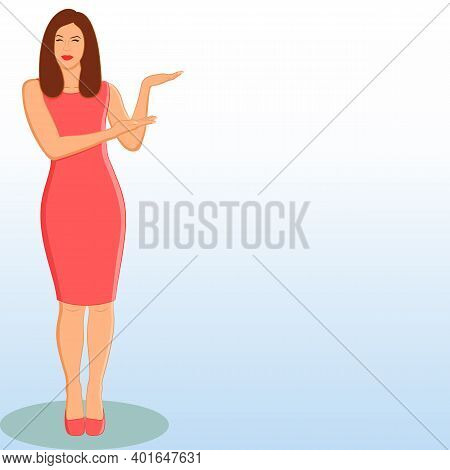 Full Length Character Of A Woman Pointing On The Side With Her Hands Into A White Copy Space. Vector