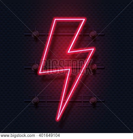 Neon Bolt. Realistic Signboard Of Electric Flash. Zigzag Shaped Red Lamp. Lightning Symbol. Illumina