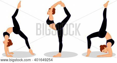 Set Of Sexy Young Woman Doing Yoga Poses And Fitness Exercises. Collection Of Female Cartoon Charact