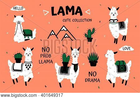 Cartoon Lama. Cute White Alpaca And Cactus Clipart For Kids Birthday Greeting Cards And Festive Acce