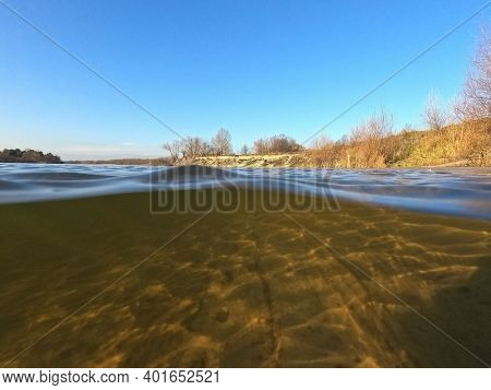 Desna River. Natural underwater landscape in Kiev Region at winter
