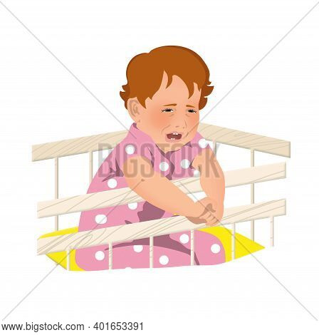 Сhild Is Naughty And Crying In The Crib. Isolated On White Background.