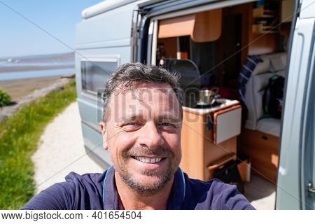 Bordeaux , Aquitaine  France - 12 28 2020 : Man Happy Vanlifer Smiling Front Of Fiat Motor Home Camp