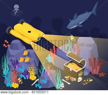 Underwater Vehicles Machines Isometric Composition Yellow Machine Found A Treasure At The Bottom Of 