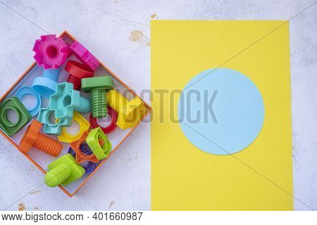Mock Up Background Educational Constructor For Children, Nuts And Bolts In The Form Of Geometric Sha