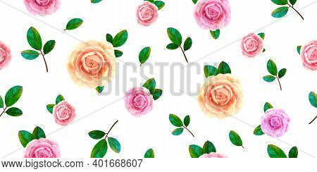 Floral Seamless Pattern With Blooming Pink And Yellow Rose Flowers, Green Leaves On White Background