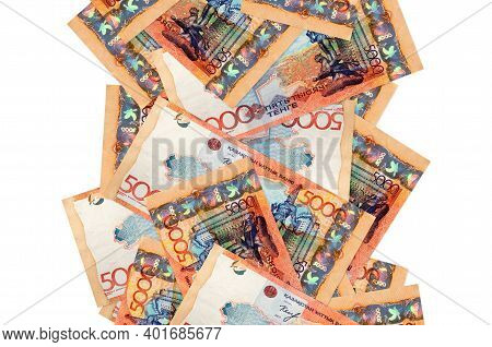 5000 Kazakhstani Tenge Bills Flying Down Isolated On White. Many Banknotes Falling With White Copysp