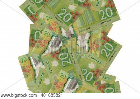 20 Canadian Dollars Bills Flying Down Isolated On White. Many Banknotes Falling With White Copyspace
