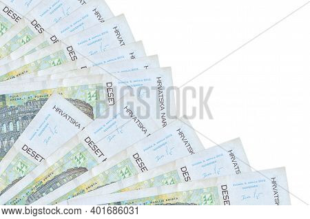 10 Croatian Kuna Bills Lies Isolated On White Background With Copy Space Stacked In Fan Close Up. Pa