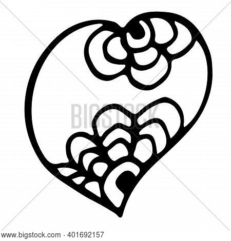 Doodle Heart With Flowers, Outline Drawing Vector Elenent. Saint Valentins Day.