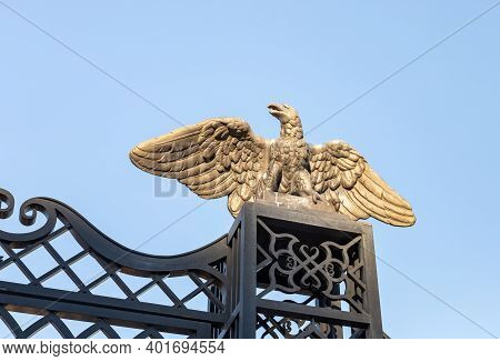 A Large Decorative Metal Eagle With Outstretched Wings On The Gate Of The Upper Terrace Of The Bahai