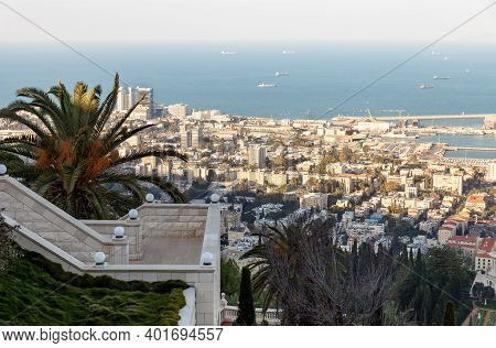 Haifa, Israel, December 25, 2020 : View From The Upper Terrace Of The Bahai Garden To A Part Of The 