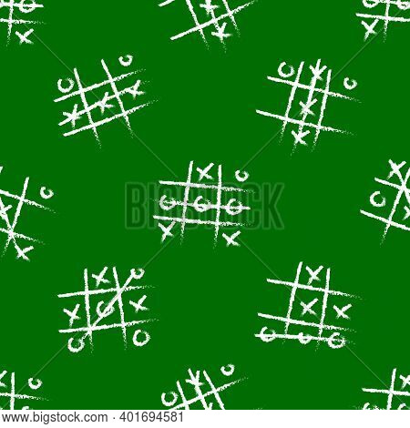 Seamless Pattern Of Tic Tac Toe Game. Drawing With White Chalk On Green Board Background. Vector Ill