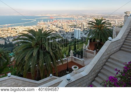 View From The Upper Terrace Of The Bahai Garden To A Part Of The Bahai Garden, The Downtown, The Sea