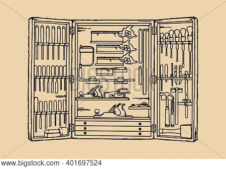 Carpentry Tools Hanging On Wall In Wood Workshop Vector Illustration. Woodwork Cabinet Shelf On Wall