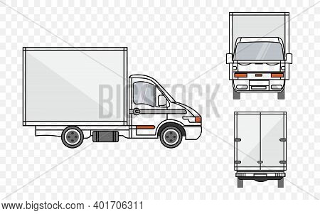 Vector Small Truck Front View Back View And Side View. Cargo Delivery. Solid And Flat Color Design. 